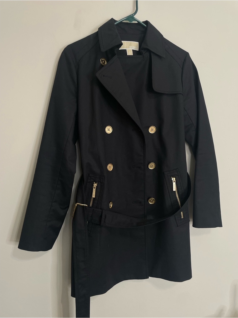 Michael Kors Black Double-Breasted Trench Coat with Gold Hardware size small
